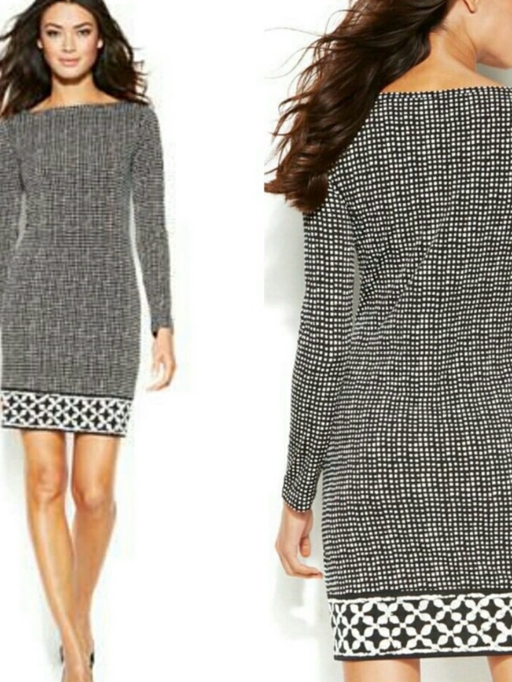 Michael Kors Black and White Long-Sleeve Printed Shift Dress
